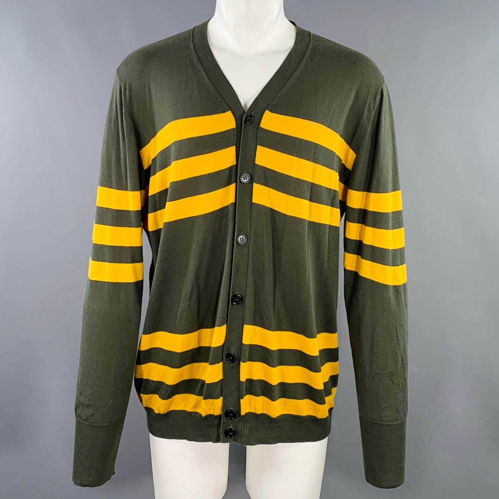 Marni Size M Green Yellow Stripe Cotton V-Neck Cardigan